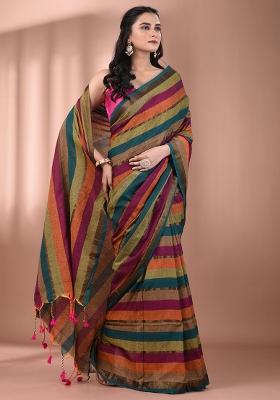Multicolor Floral Embroidery Cotton Saree Set
