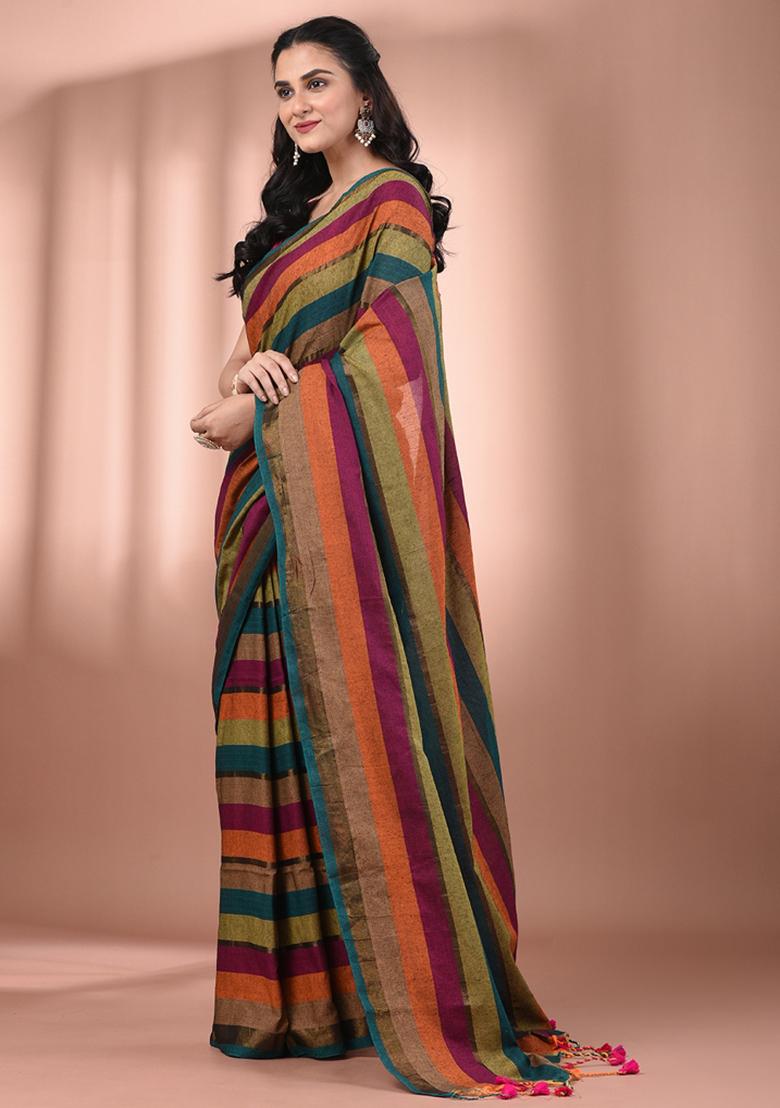 Multicolor Floral Embroidery Cotton Saree Set - Indya