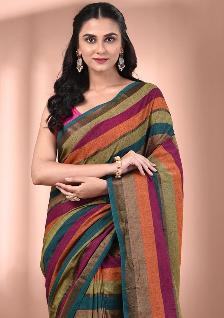 Multicolor Floral Embroidery Cotton Saree Set - Indya