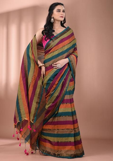 Multicolor Floral Embroidery Cotton Saree Set