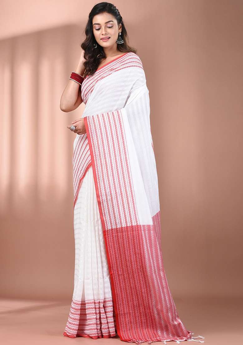 White Floral Embroidery Cotton Saree Set for Diwali and Festive Wear - Indya