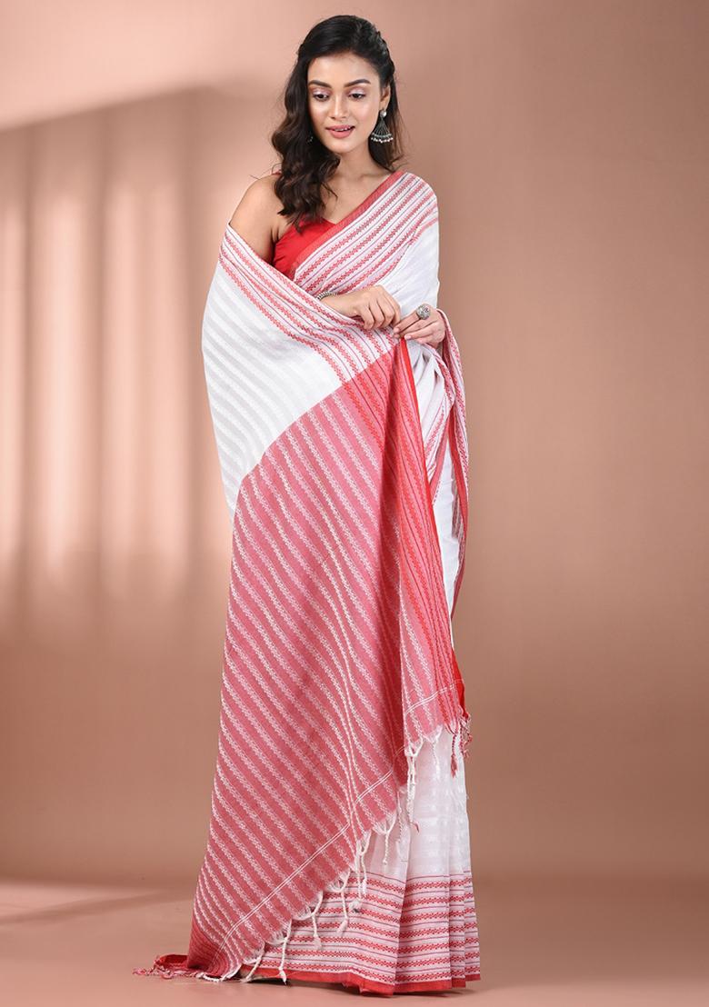 White Floral Embroidery Cotton Saree Set - Indya