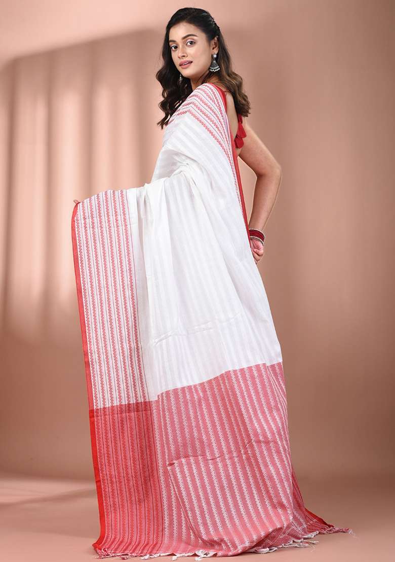 White Floral Embroidery Cotton Saree Set for Diwali and Festive Wear - Indya