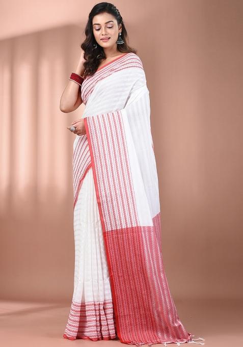 White Floral Embroidery Cotton Saree Set
