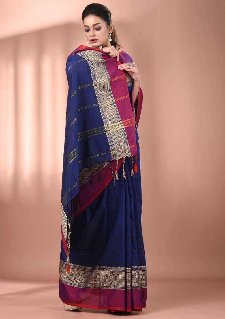 Navy Blue Floral Embroidery Cotton Saree Set - Indya