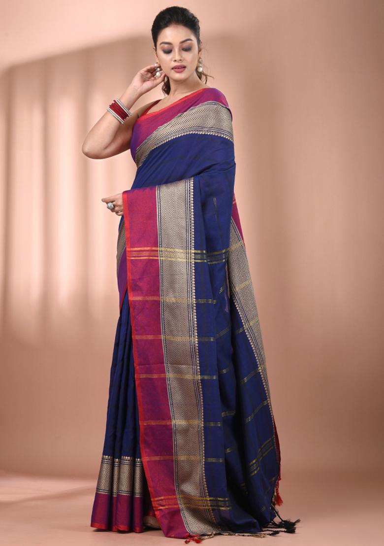 Navy Blue Floral Embroidery Cotton Saree Set - Indya