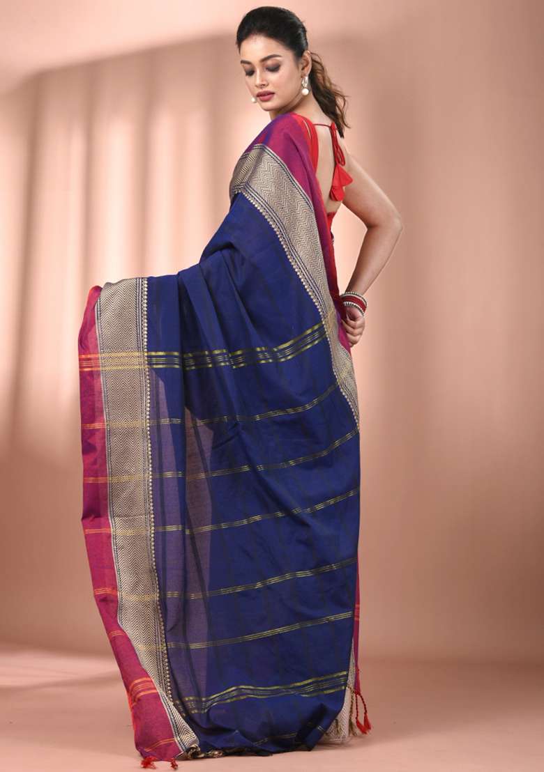 Navy Blue Floral Embroidery Cotton Saree Set - Indya