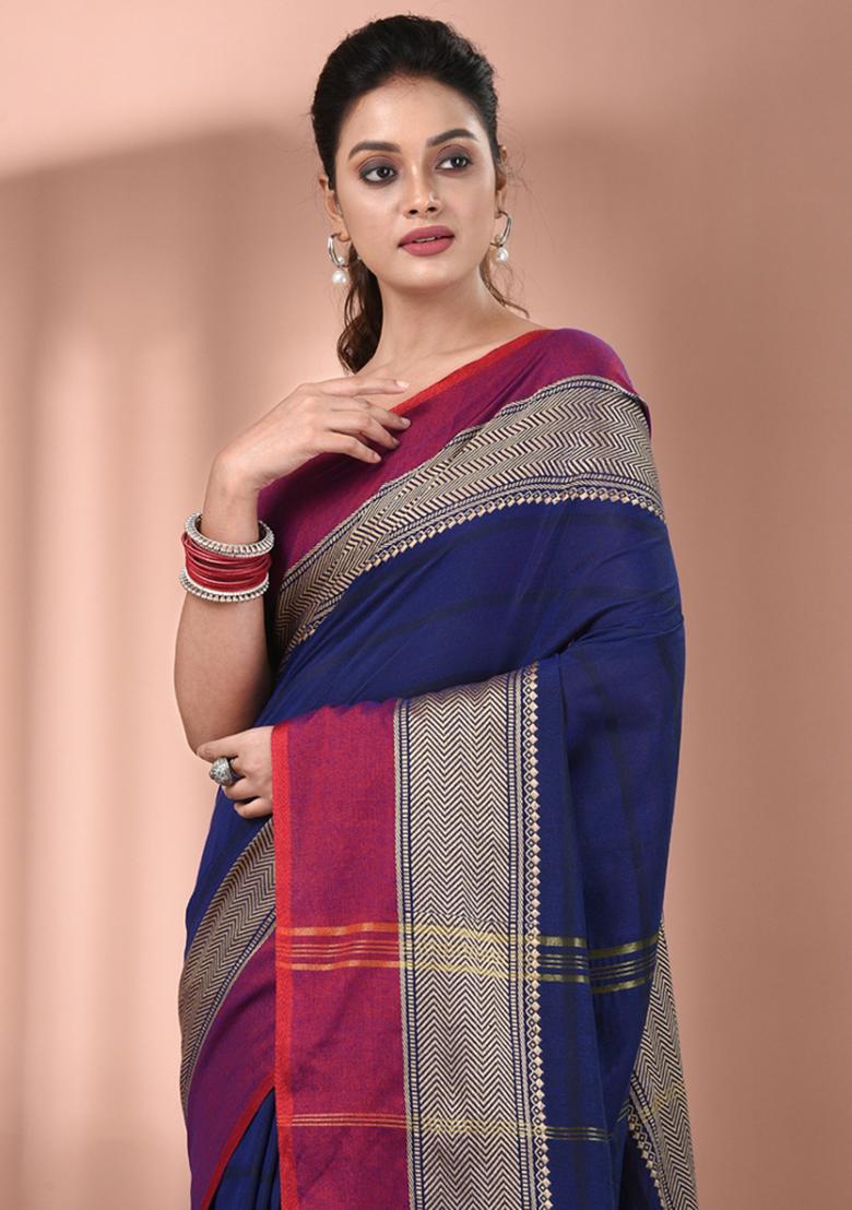 Navy Blue Floral Embroidery Cotton Saree Set - Indya