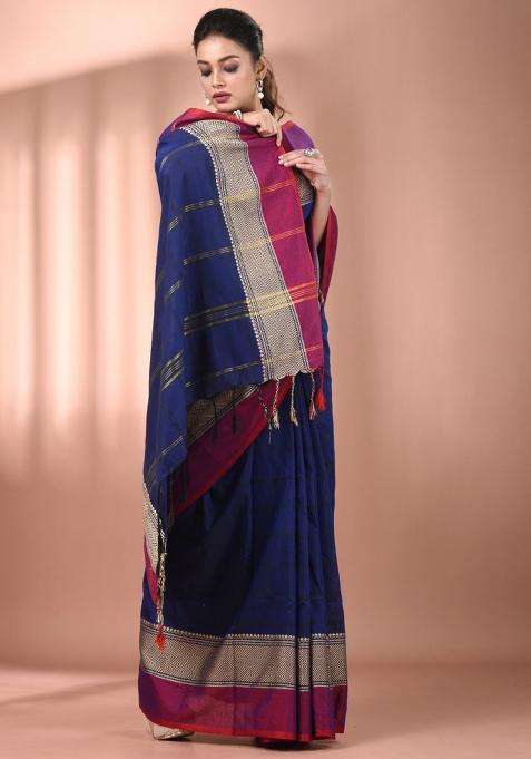 Navy Blue Floral Embroidery Cotton Saree Set