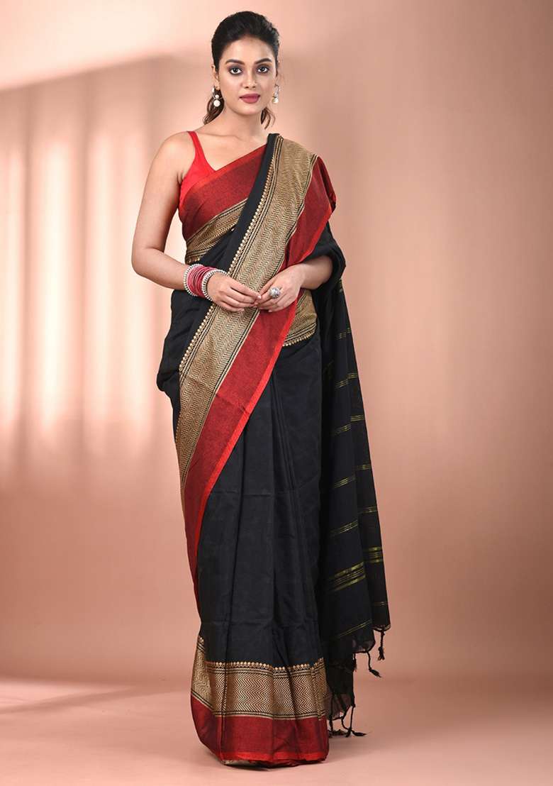Black Floral Cotton Saree Set with Embroidery for Diwali | Wedding & Festive Wear - Indya