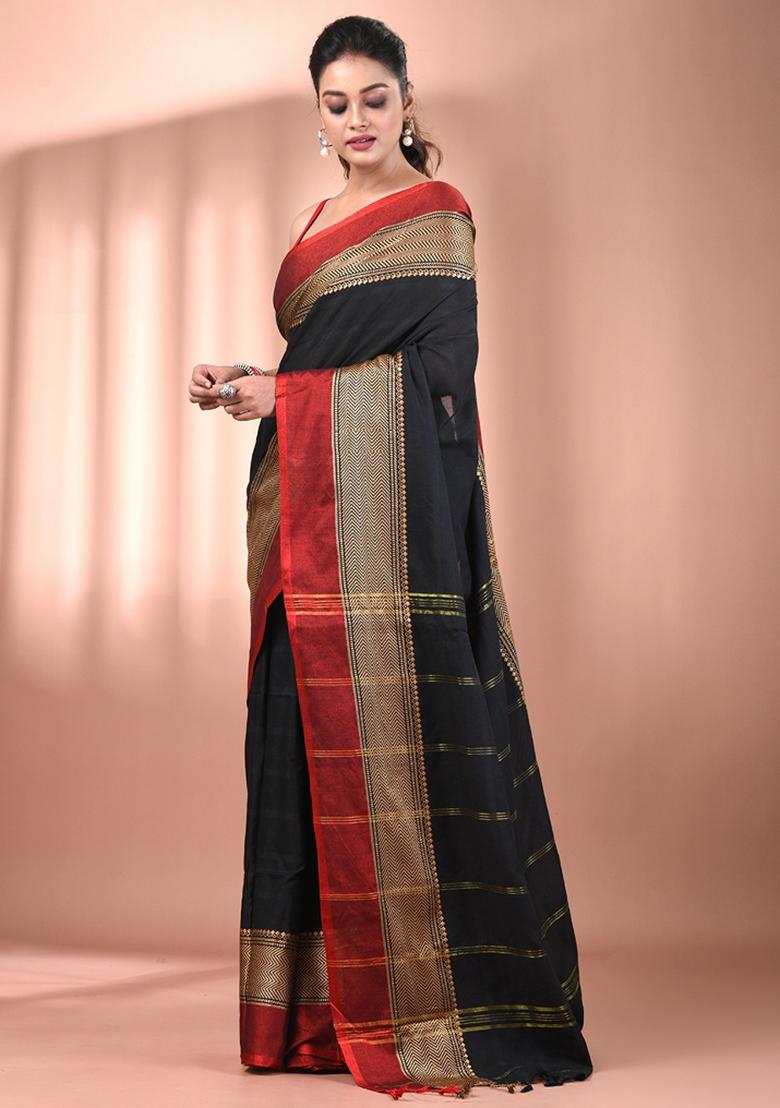 Black Floral Embroidery Cotton Saree Set - Indya