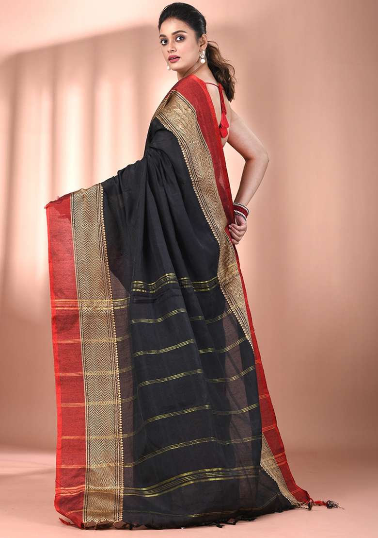 Black Floral Cotton Saree Set with Embroidery for Diwali | Wedding & Festive Wear - Indya