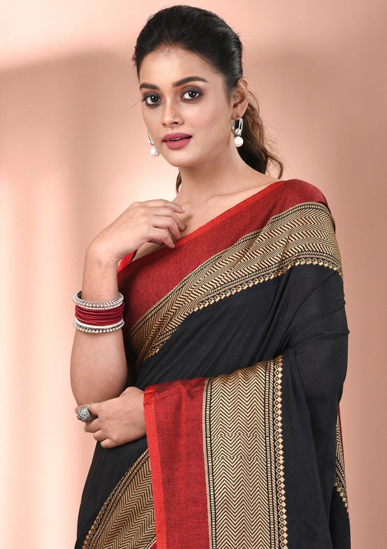 Black Floral Embroidery Cotton Saree Set - Indya