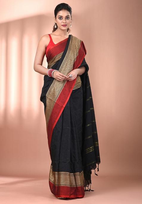 Black Floral Embroidery Cotton Saree Set