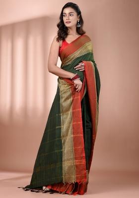 Green Floral Embroidery Cotton Saree Set