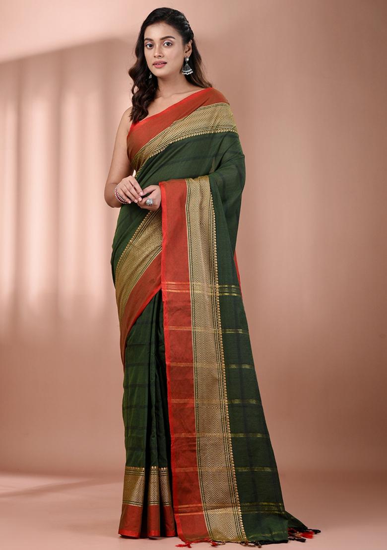 Green Floral Embroidery Cotton Saree Set - Indya