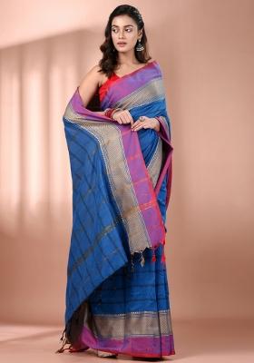 Cobalt Blue Floral Embroidery Cotton Saree Set