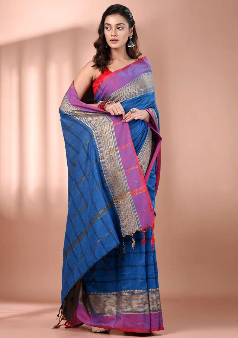 Cobalt Blue Floral Cotton Saree Set with Embroidery for Diwali | Wedding & Festive Wear - Indya