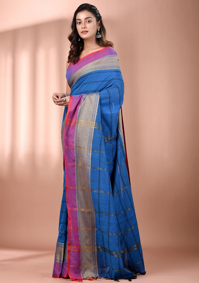 Cobalt Blue Floral Embroidery Cotton Saree Set - Indya