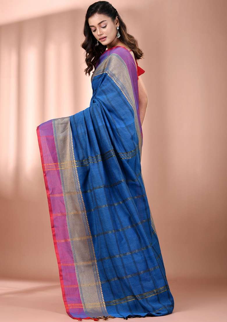 Cobalt Blue Floral Cotton Saree Set with Embroidery for Diwali | Wedding & Festive Wear - Indya
