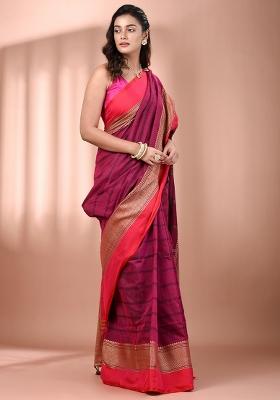 Magenta Floral Embroidery Cotton Saree Set