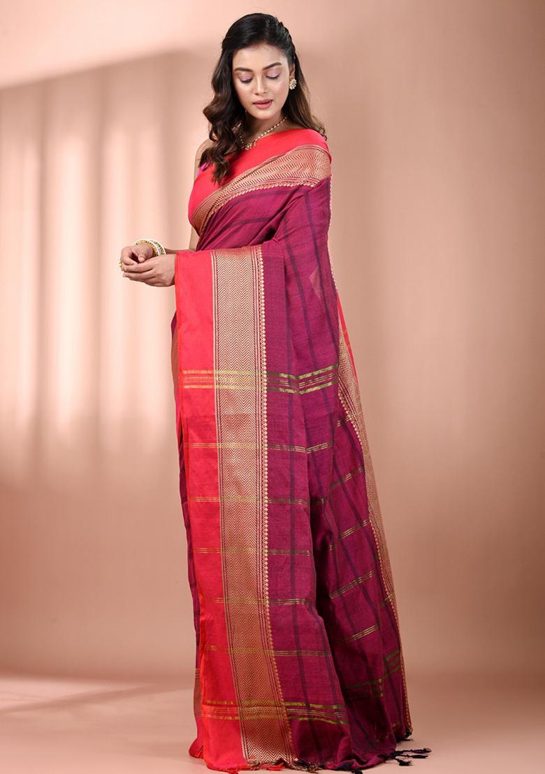 Magenta Floral Embroidery Cotton Saree Set - Indya