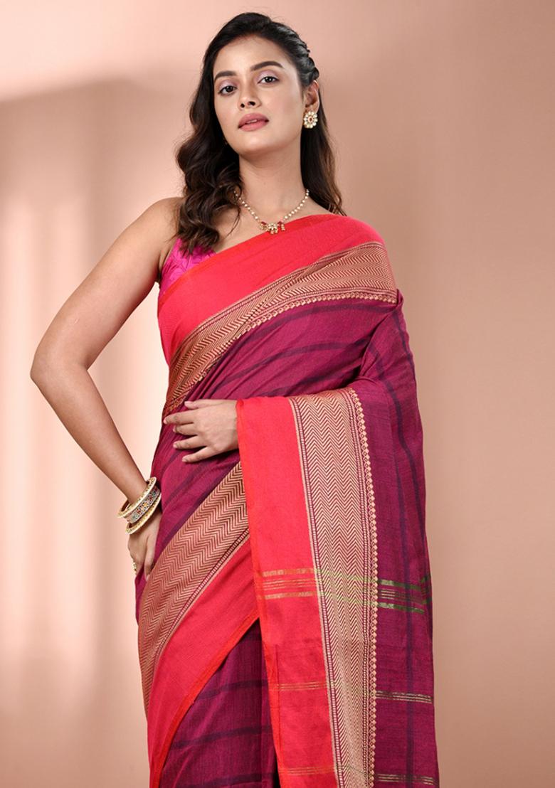 Magenta Floral Embroidery Cotton Saree Set - Indya