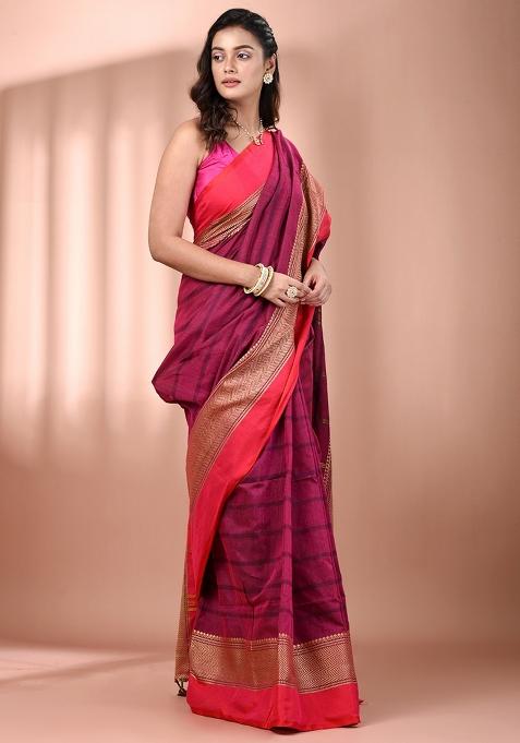 Magenta Floral Embroidery Cotton Saree Set