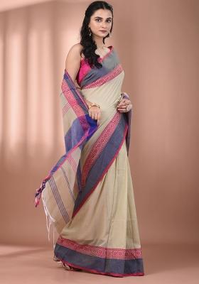 Ecru Floral Embroidery Cotton Saree Set