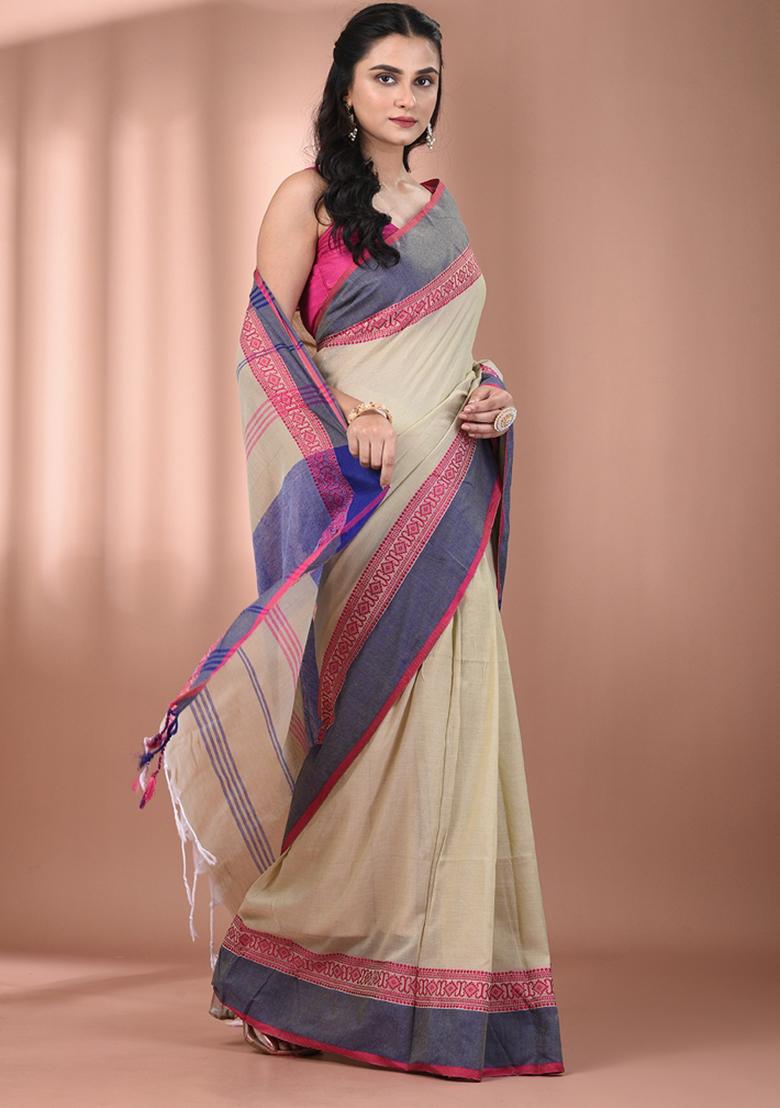 Ecru Floral Embroidery Cotton Saree Set