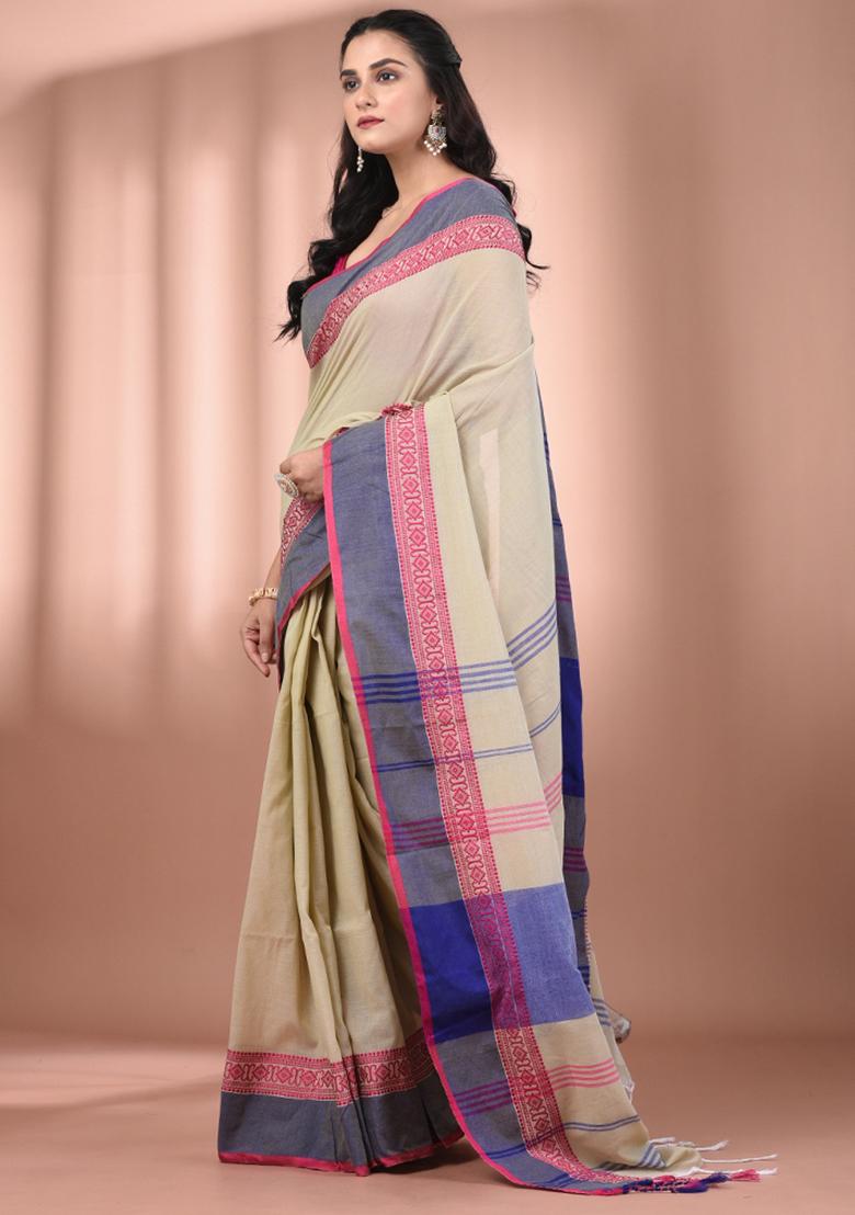 Ecru Floral Embroidery Cotton Saree Set