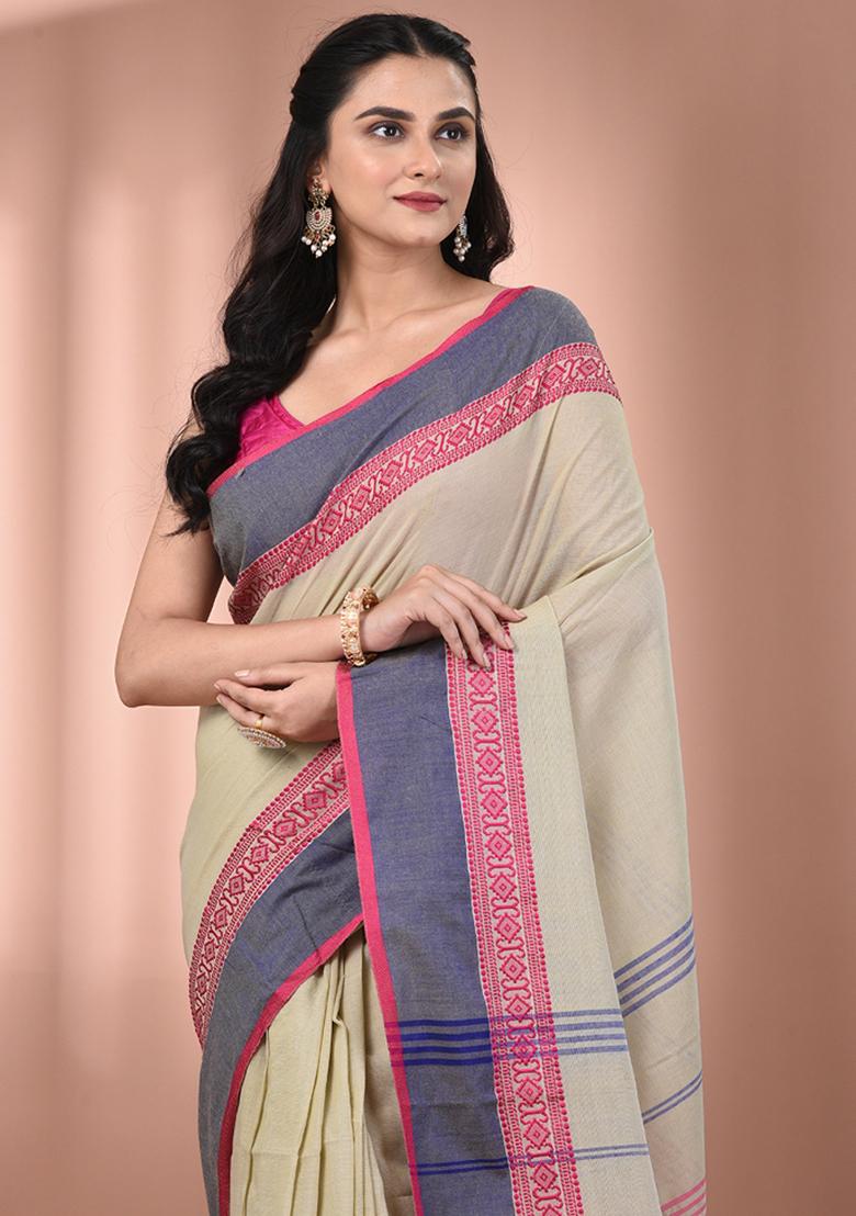 Ecru Floral Embroidery Cotton Saree Set