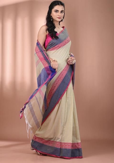 Ecru Floral Embroidery Cotton Saree Set