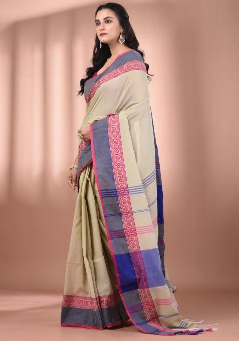 Ecru Floral Embroidery Cotton Saree Set