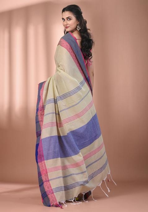 Ecru Floral Embroidery Cotton Saree Set