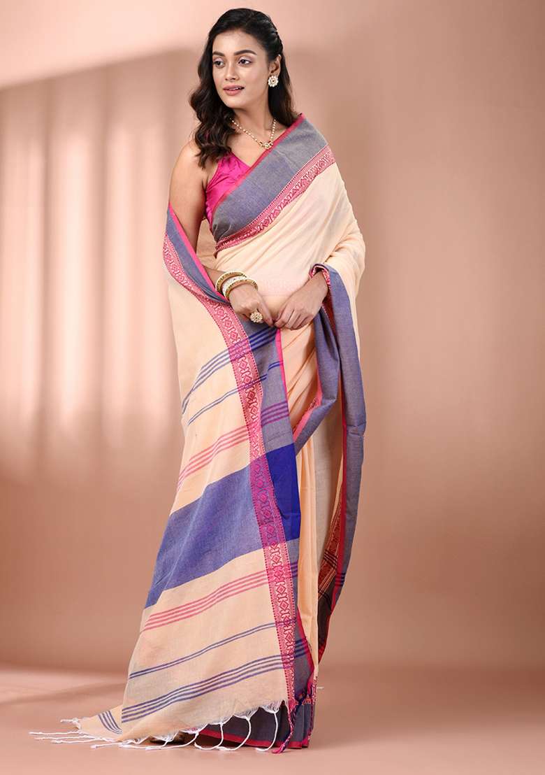 Beige Floral Embroidery Cotton Saree Set for Diwali and Festive Wear - Indya