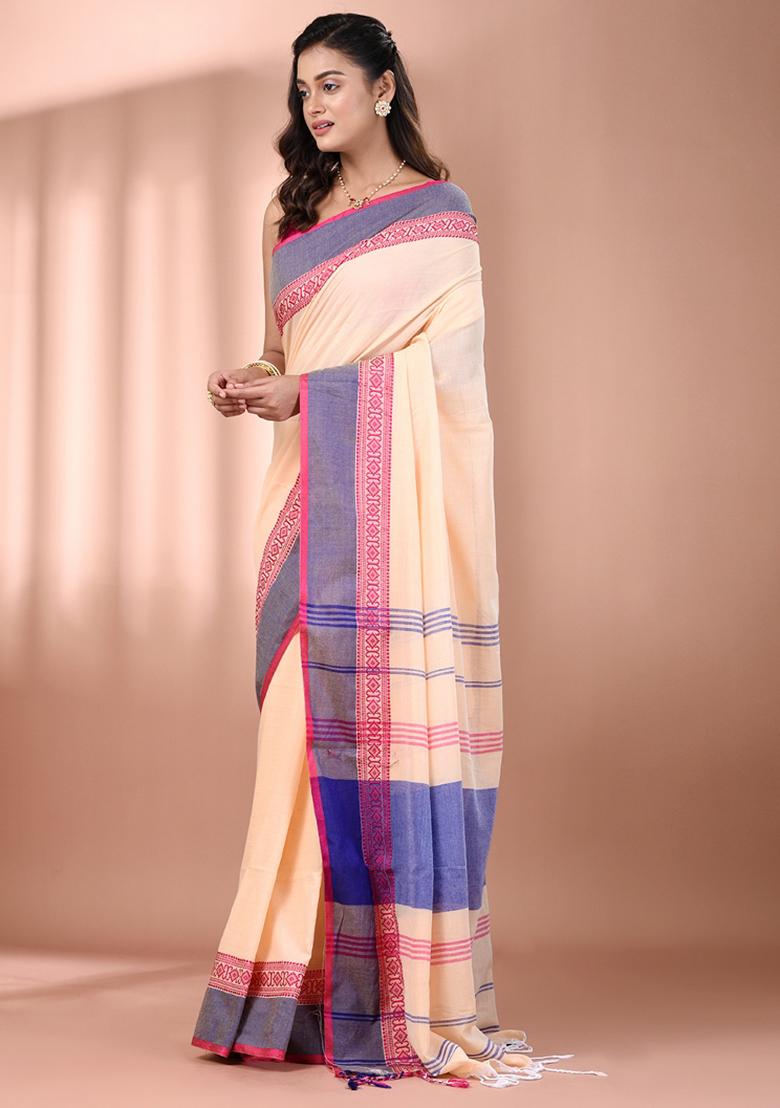 Beige Floral Embroidery Cotton Saree Set - Indya