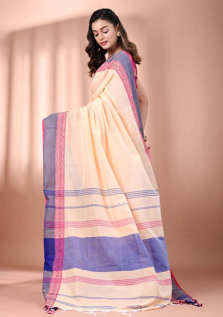 Beige Floral Embroidery Cotton Saree Set for Diwali and Festive Wear - Indya