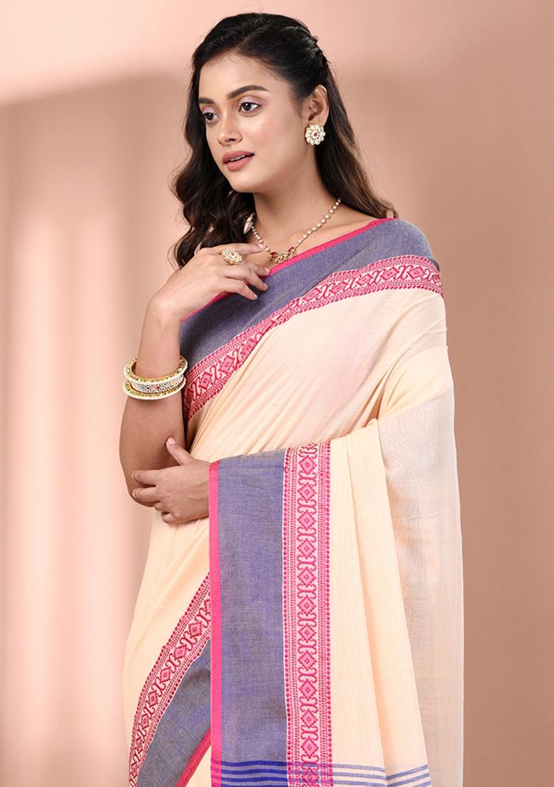 Beige Floral Embroidery Cotton Saree Set - Indya