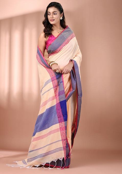 Beige Floral Embroidery Cotton Saree Set