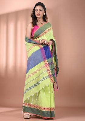 Light Green Floral Embroidery Cotton Saree Set