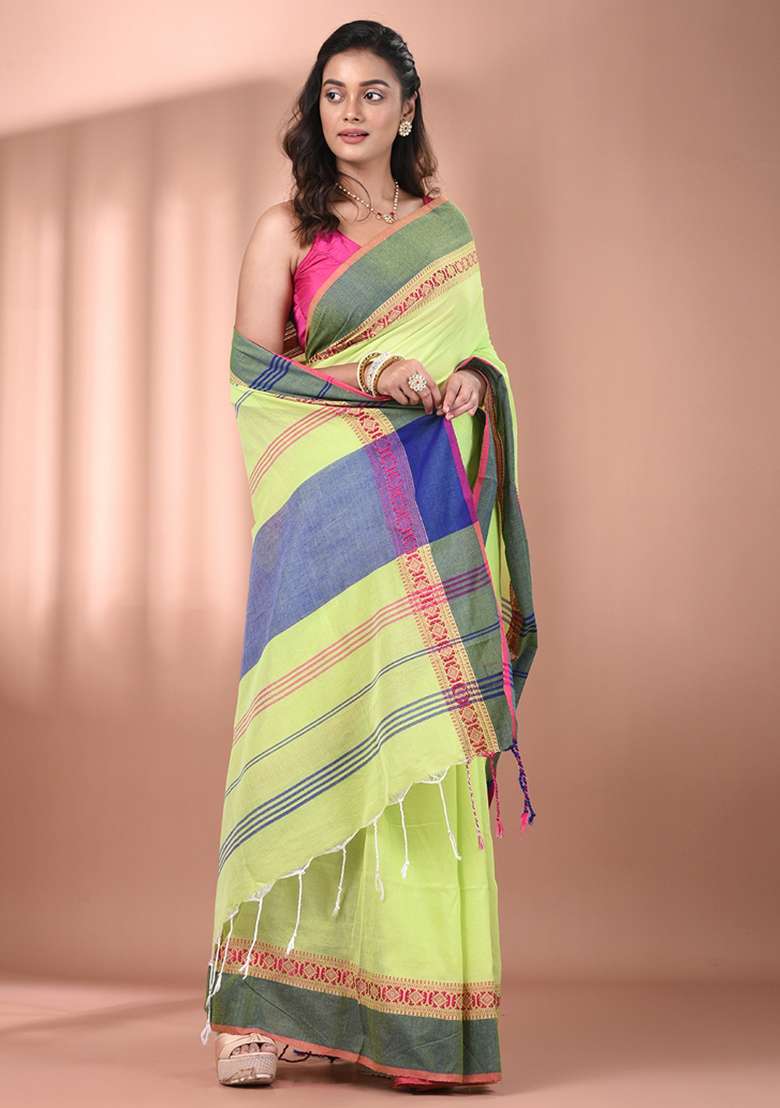 Light Green Floral Cotton Saree Set with Embroidery for Diwali | Wedding & Festive Wear - Indya