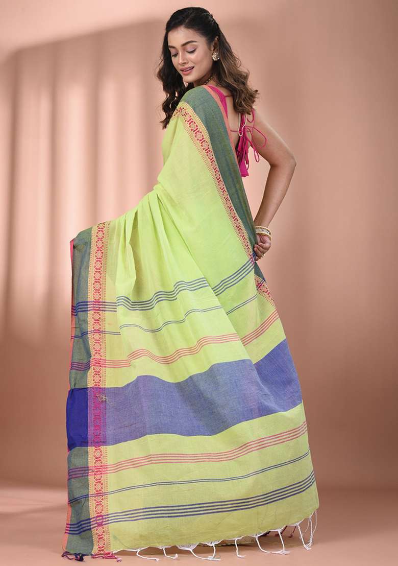 Light Green Floral Cotton Saree Set with Embroidery for Diwali | Wedding & Festive Wear - Indya