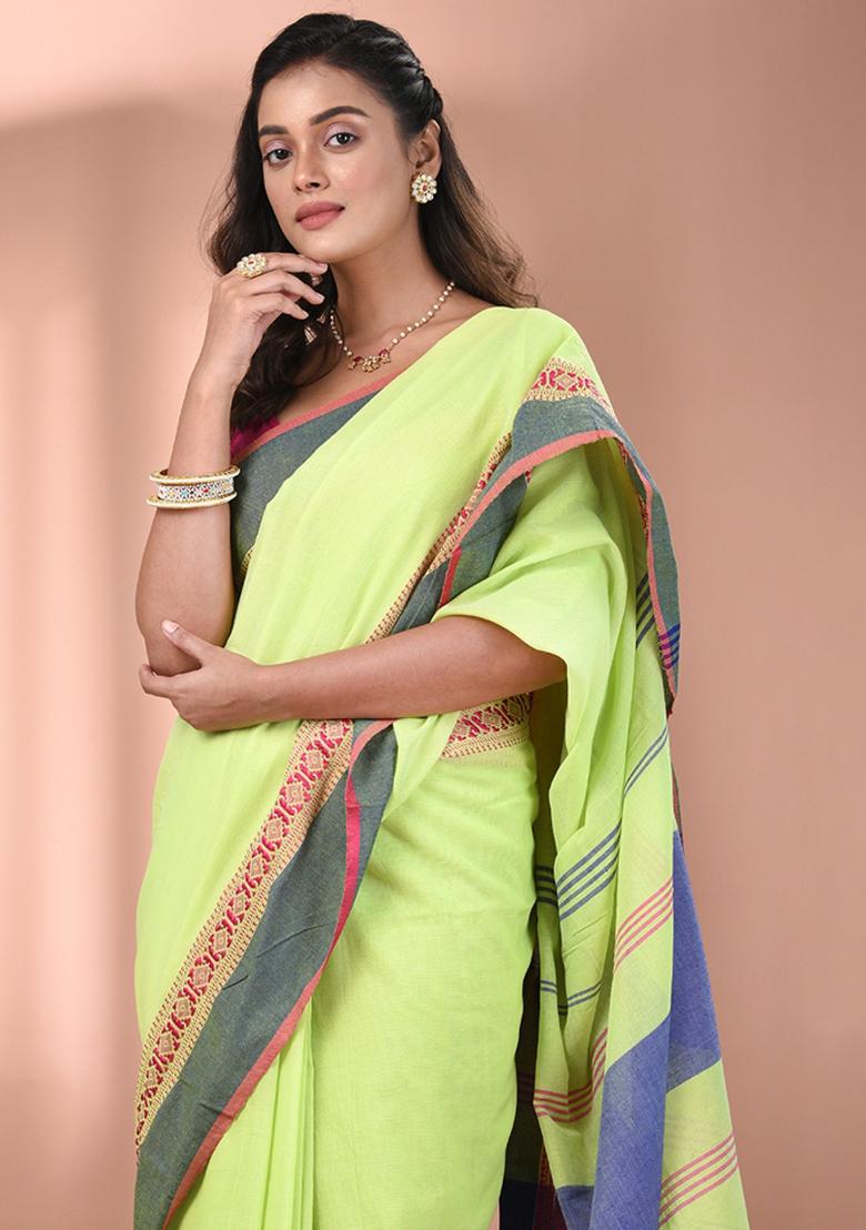 Light Green Floral Embroidery Cotton Saree Set - Indya