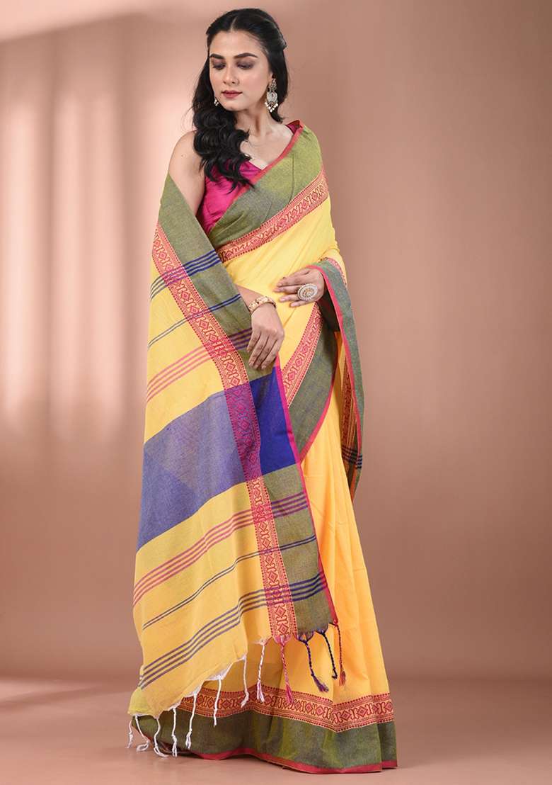 Yellow Floral Cotton Saree Set with Embroidery for Diwali | Wedding & Festive Wear - Indya