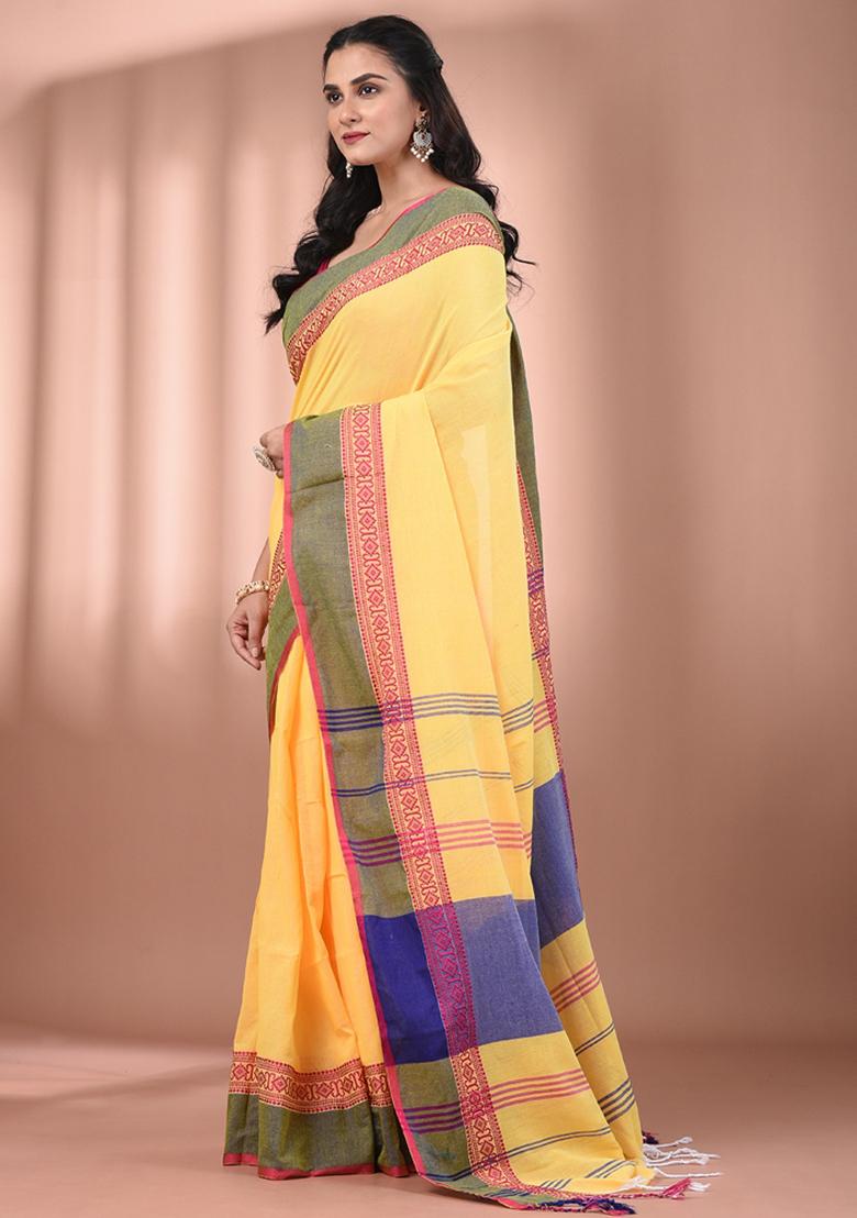 Yellow Floral Embroidery Cotton Saree Set - Indya