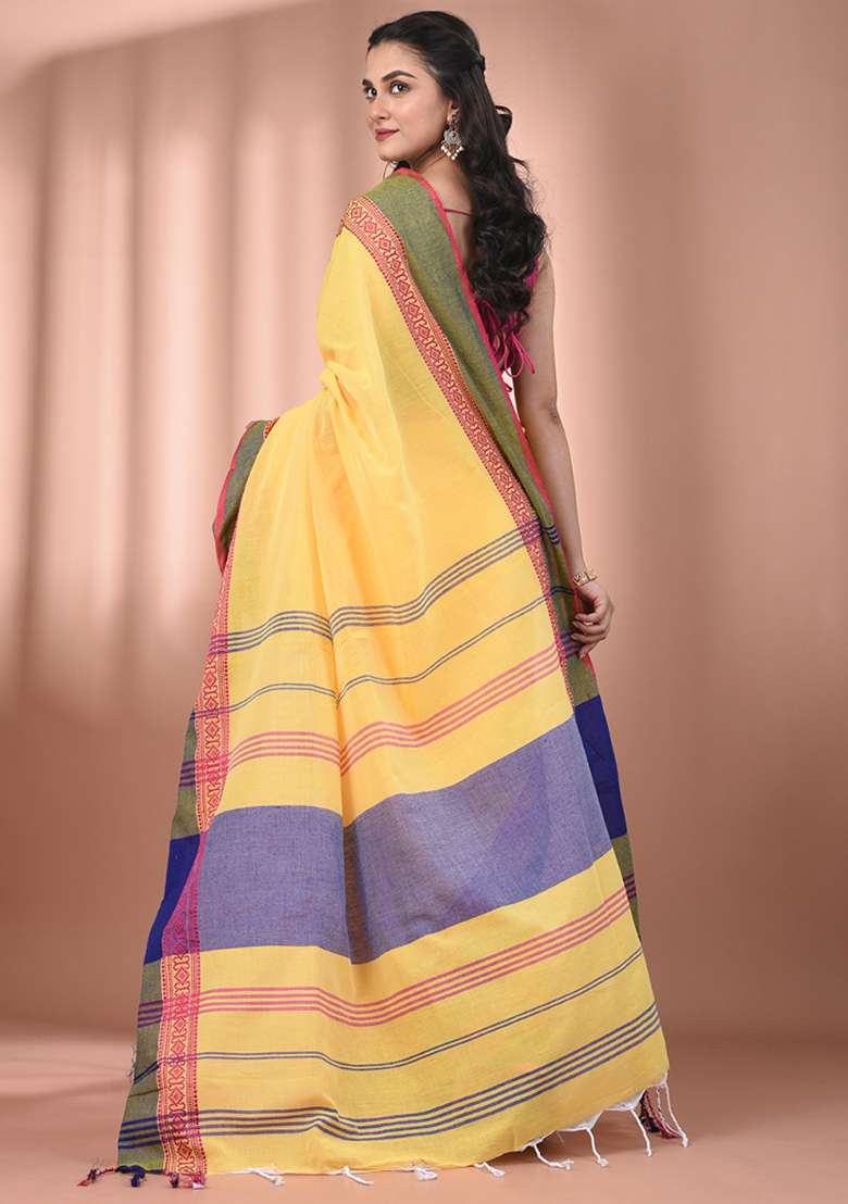 Yellow Floral Cotton Saree Set with Embroidery for Diwali | Wedding & Festive Wear - Indya