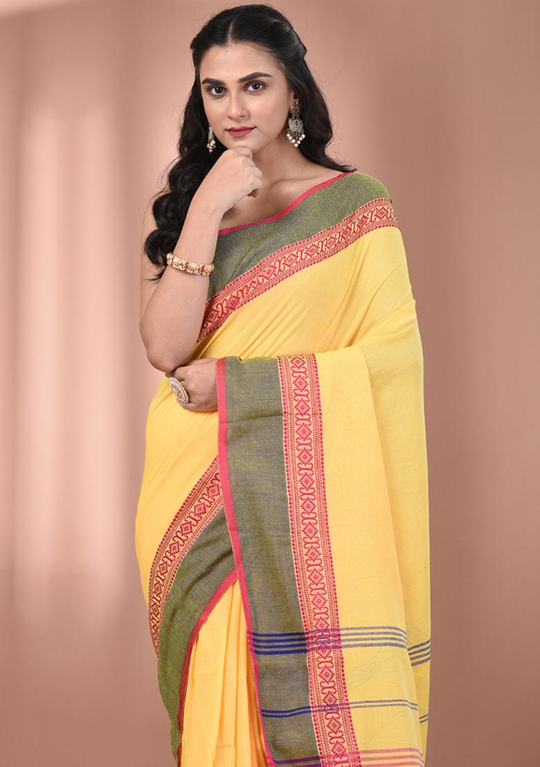 Yellow Floral Embroidery Cotton Saree Set - Indya