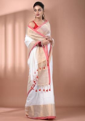 White Floral Embroidery Cotton Saree Set