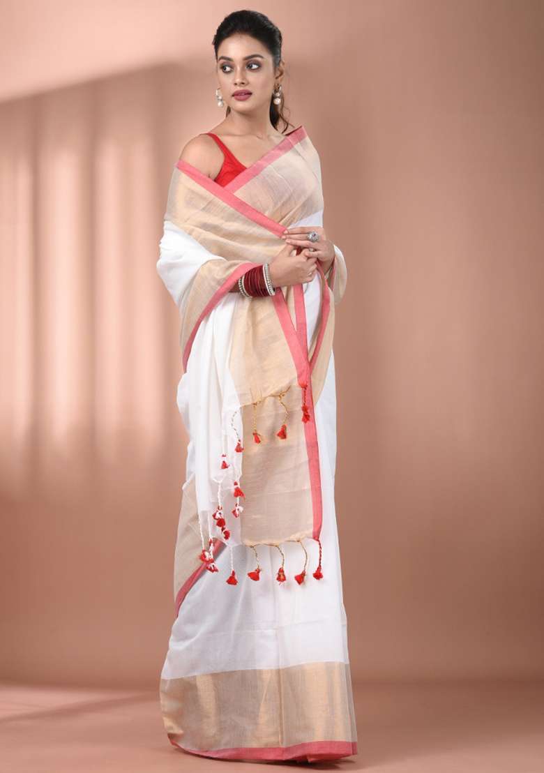 White Floral Embroidery Cotton Saree Set - Indya